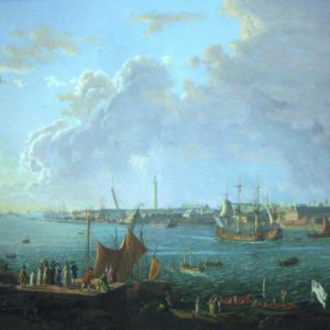 Peinture de Jean-François Hue avec une vue du port de Lorient exposé au musée de la Compagnie des Indes à Lorient